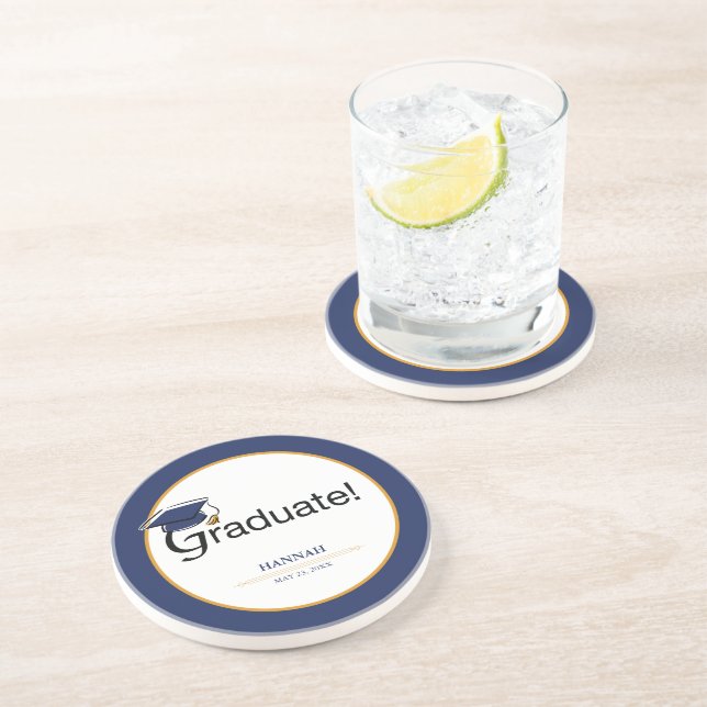 Dessous De Verre En Grès Félicitations Diplômé, Casquette, Tassel, Bleu, Or (Côté)