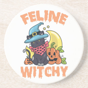 Dessous De Verre En Grès Feline Witchy Funny Éffrayant Halloween Chat Kitte