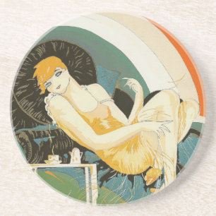Dessous De Verre En Grès Femme Art Déco vintage sur canapé, Chompre