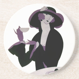 Dessous De Verre En Grès Femme Art Déco Vintage, Thé de l'après-midi et Gât