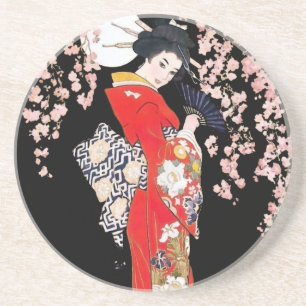 Dessous De Verre En Grès Femme asiatique avec la nuit de fleurs de cerisier