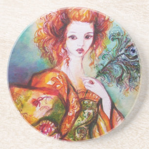 DESSOUS DE VERRE EN GRÈS FEMME ROMANTIQUE AVEC PÂTE DE PEACOCK ÉCLANTE
