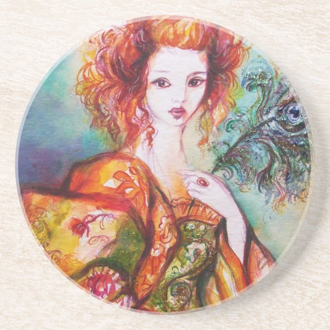 DESSOUS DE VERRE EN GRÈS FEMME ROMANTIQUE AVEC PÂTE DE PEACOCK ÉCLANTE (Devant)