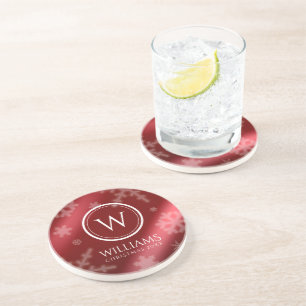 Dessous De Verre En Grès Festif Red Foil Snowflakes Nom du monogramme