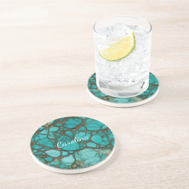 Dessous De Verre En Grès Fête des mariées Turquoise Stones (Côté)