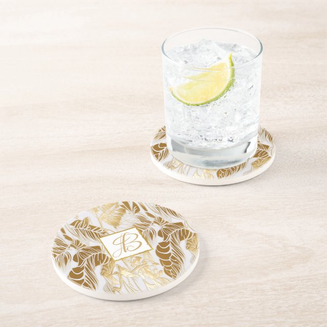 Dessous De Verre En Grès Feuille Monstera Monogramme De Luxe Chic (Côté)
