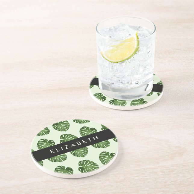 Dessous De Verre En Grès Feuilles de palme, Motif tropical, Votre nom (Côté)