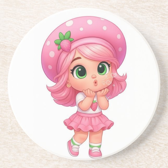 Dessous De Verre En Grès Fille Chibi Kawaii aux Fraises (Devant)