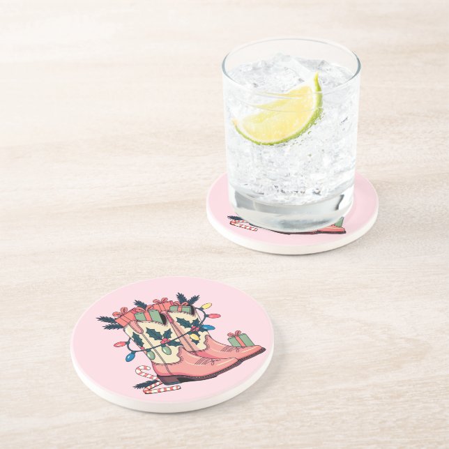 Dessous De Verre En Grès Fille rose moderne Botte occidentale Noël (Côté)