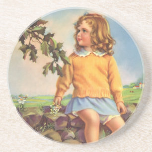 Dessous De Verre En Grès Fille Vintage regardant des oiseaux dans un arbre,