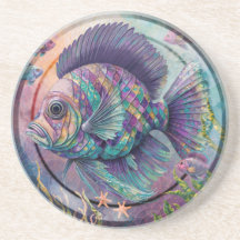 Fish Mosaic Circular Sandstone Coaster