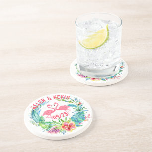 Dessous De Verre En Grès Flamants roses roses Fleurs tropicales colorées co