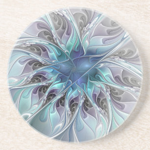 Dessous De Verre En Grès Fleur Abstraite Fractale Moderne Avec Bleu