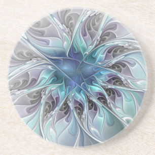 Dessous De Verre En Grès Fleur Abstraite Fractale Moderne Avec Bleu