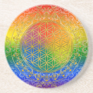 Dessous De Verre En Grès Fleur de la vie - Ornement Arc-en-ciel
