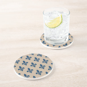 Dessous De Verre En Grès Fleur de Lis Motif, Royal French Blue sur Crème