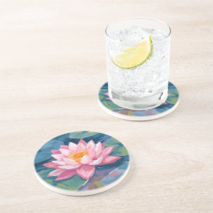 Dessous De Verre En Grès Fleur de Lotus Nénuphar Aquarelle