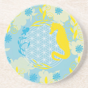 Dessous De Verre En Grès Fleur de Vie Hippocampe Jaune Côtière