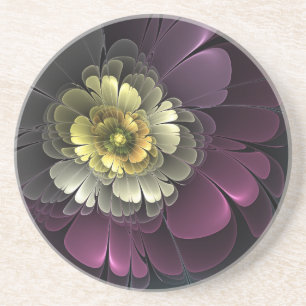 Dessous De Verre En Grès Fleur fractale grise pourpre moderne abstraite