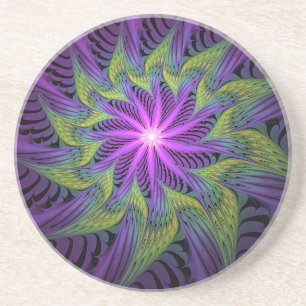 Dessous De Verre En Grès Fleur verte violette Art abstrait fractal moderne