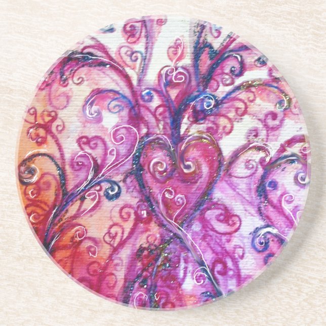 Dessous De Verre En Grès FLEURS BLANCHES COEUR bleu rose vif (Devant)