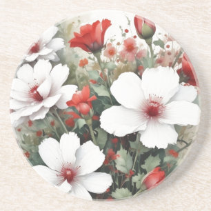 Dessous De Verre En Grès Fleurs blanches et rouges Élégante aquarelle