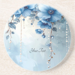 Dessous de verre en grès Fleurs bleues et perles