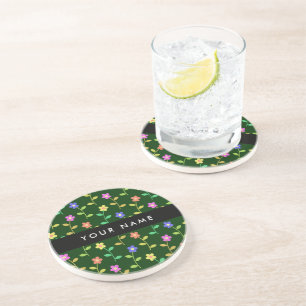 Dessous De Verre En Grès Fleurs Colorées, Fond Vert, Noir