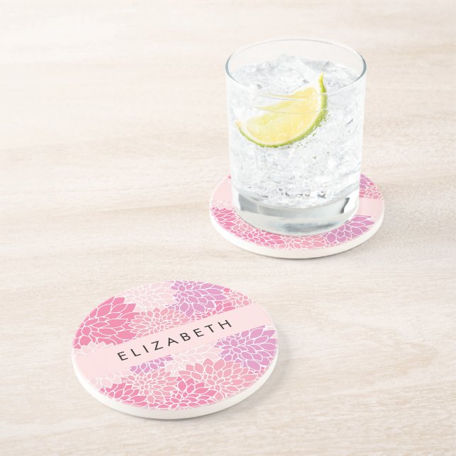 Dessous De Verre En Grès Fleurs Dahlia Roses, Motif De Fleurs, Votre Nom (Côté)