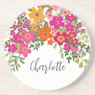 Dessous De Verre En Grès Fleurs de jardin d'été colorées Nom personnalisé