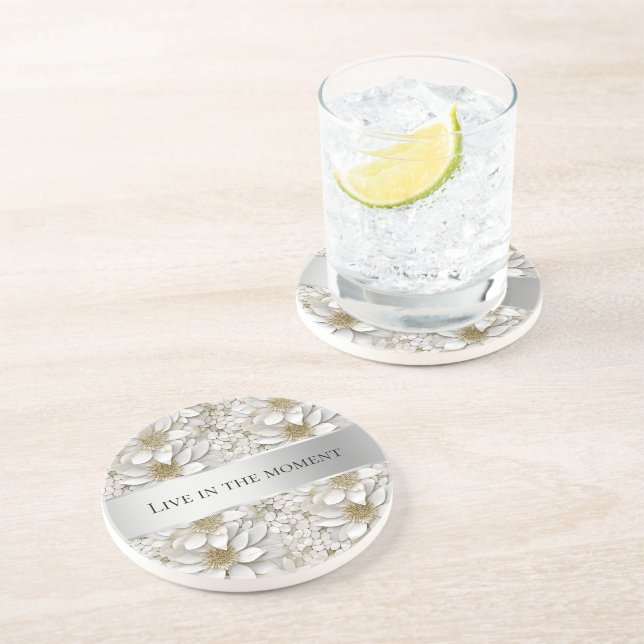 Dessous De Verre En Grès Fleurs de lotus blanches dorées (Côté)