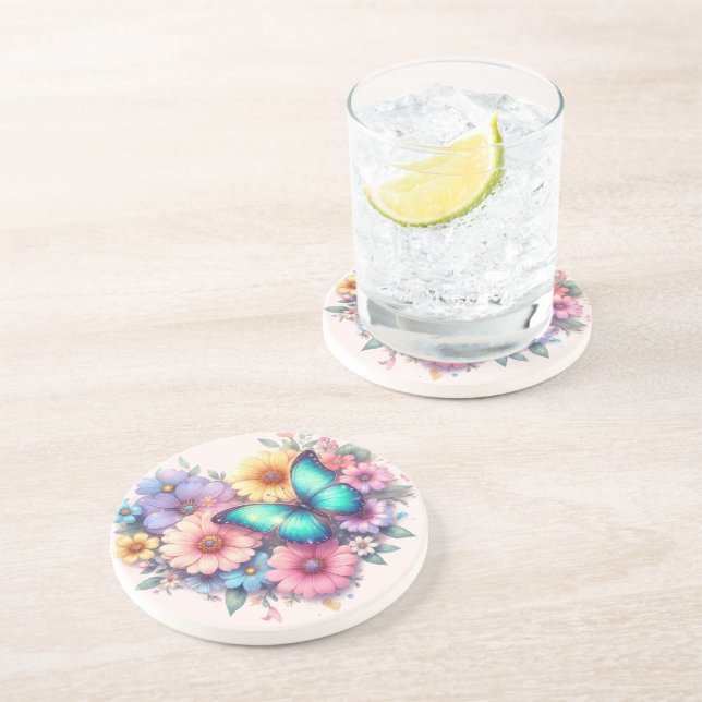 Dessous De Verre En Grès Fleurs de marguerite avec un beau papillon (Côté)