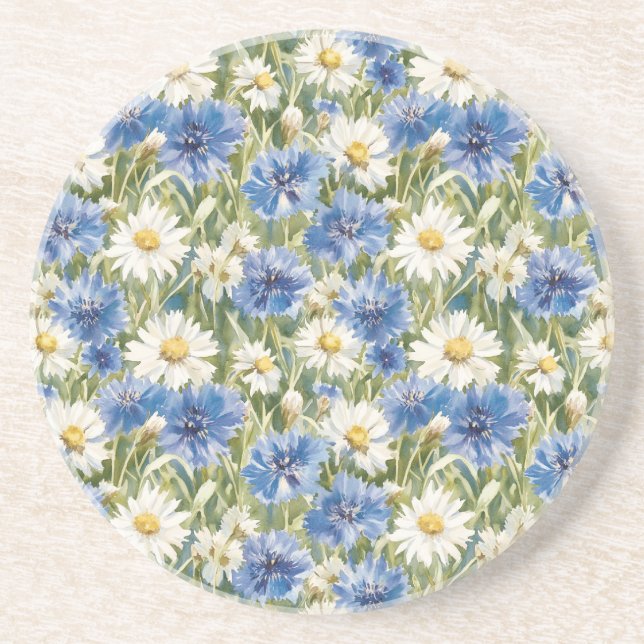 Dessous De Verre En Grès Fleurs de marguerite bleues blanches (Devant)