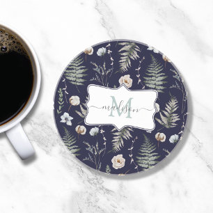Dessous De Verre En Grès Fleurs de monogramme et feuilles de fougère floral