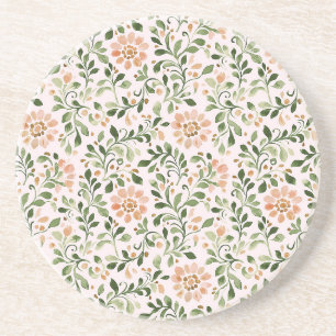 Dessous De Verre En Grès Fleurs de Pêche Rose Feuilles Vertes