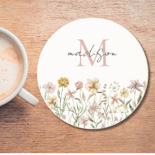 Dessous De Verre En Grès Fleurs de prairie sauvage aquarelle monogrammée