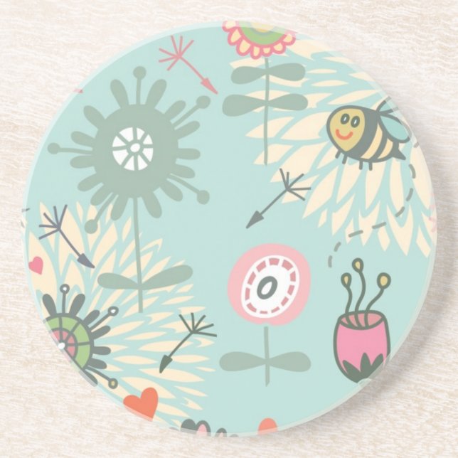 Dessous De Verre En Grès Fleurs de printemps et abeilles illustrées (Devant)