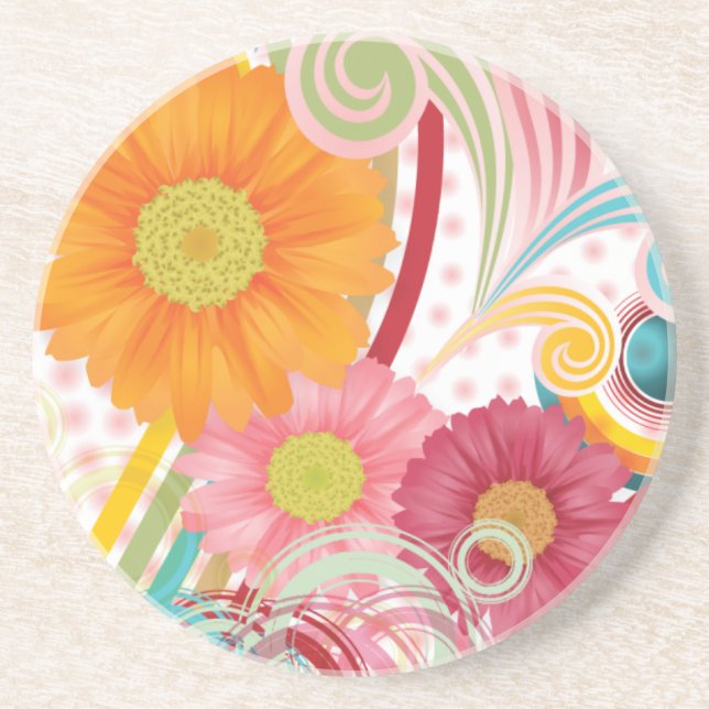 Dessous De Verre En Grès Fleurs fantaisie sur blanc (Devant)