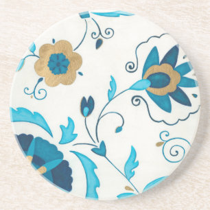 Dessous De Verre En Grès Fleurs Indigo dorées avec Arrière - plan blanc