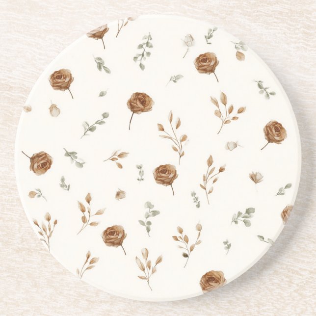 Dessous De Verre En Grès Fleurs Marron Crème (Devant)