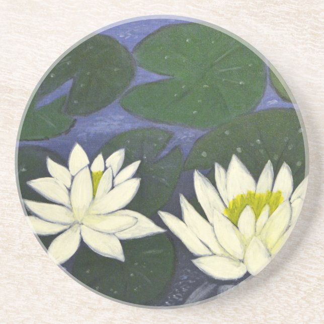 Dessous De Verre En Grès Fleurs Nénuphars blanches, peinture acrylique (Devant)