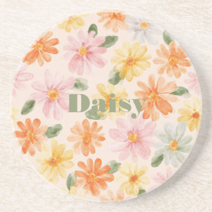 Dessous De Verre En Grès Fleurs Rose Jaune Bleu Pêche