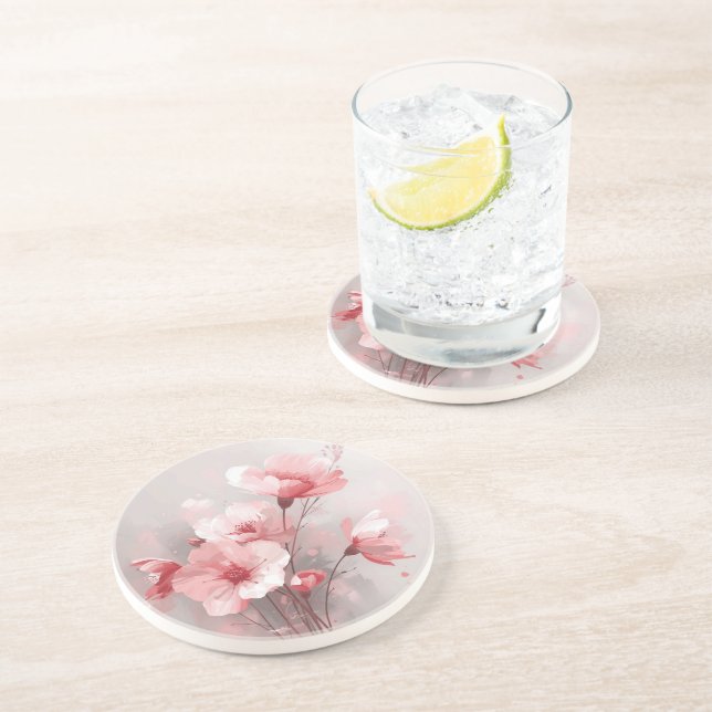 Dessous De Verre En Grès Fleurs roses, blanches et grises (Côté)