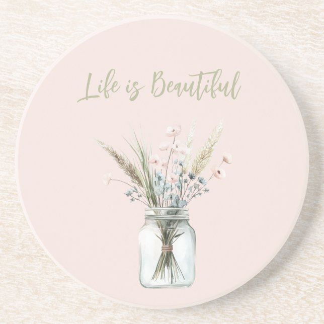 Dessous De Verre En Grès Fleurs roses et bleues blush dans un pot (Devant)