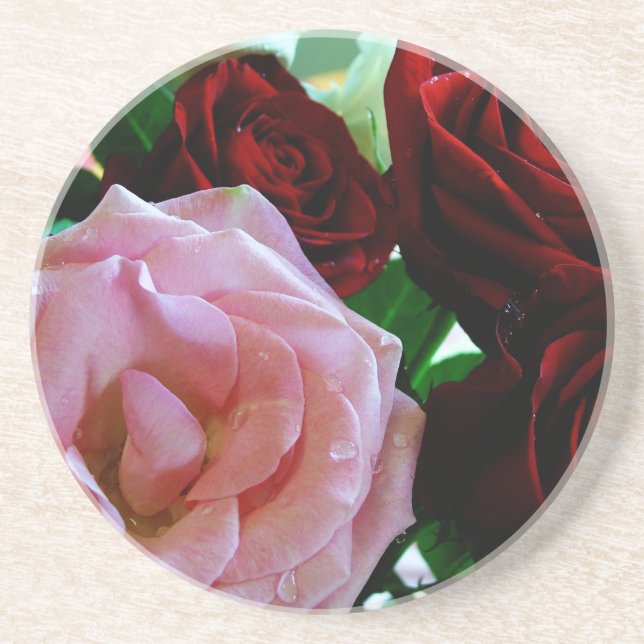 Dessous De Verre En Grès fleurs roses et roses rouges (Devant)