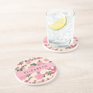 Dessous De Verre En Grès Fleurs Roses, Motif De Fleurs, Votre Nom