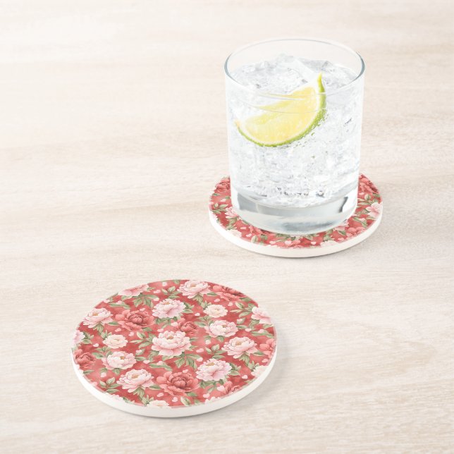 Dessous De Verre En Grès Fleurs roses rouges chic (Côté)