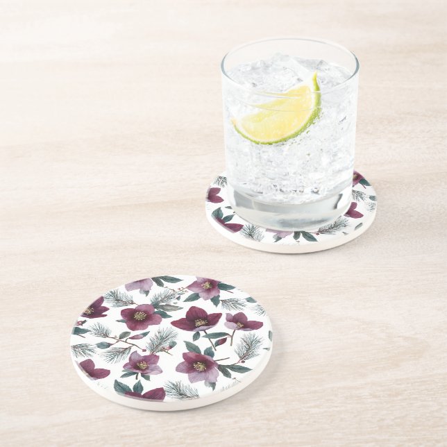 Dessous De Verre En Grès Fleurs Rouge Bourgogne (Côté)