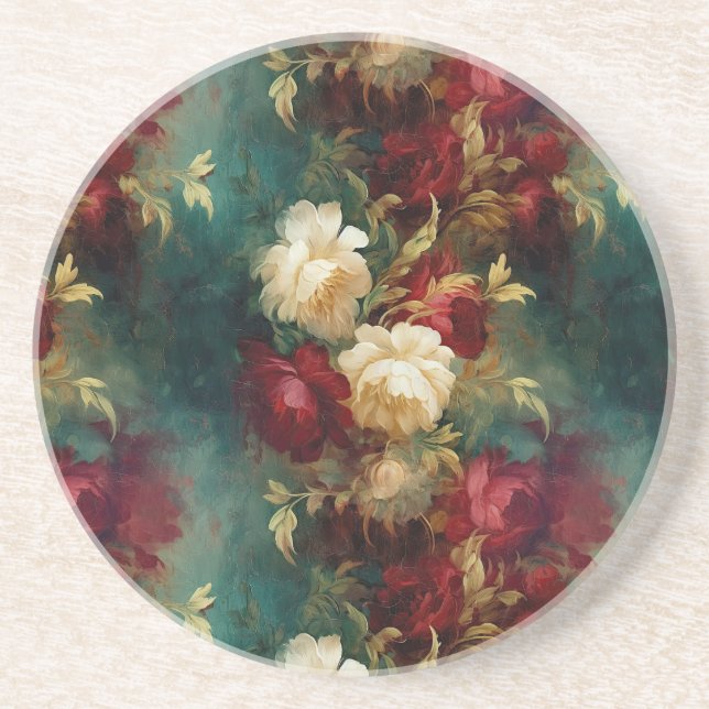 Dessous De Verre En Grès Fleurs rouges blanches vertes (Devant)