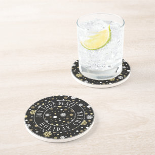 Dessous De Verre En Grès Flocons de neige en or blanc sur fond noir à pois